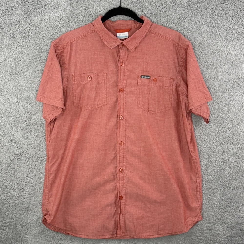 Columbia Men's Camp Button Shirt Sz Large Orange Short Sleeve Pocket Cotton EUC